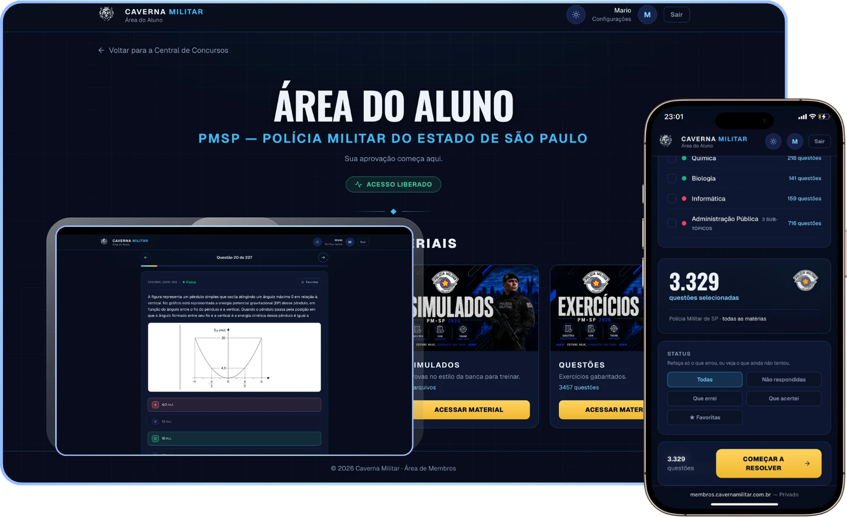 Área do Aluno PM-SP aberta no computador, tablet e celular